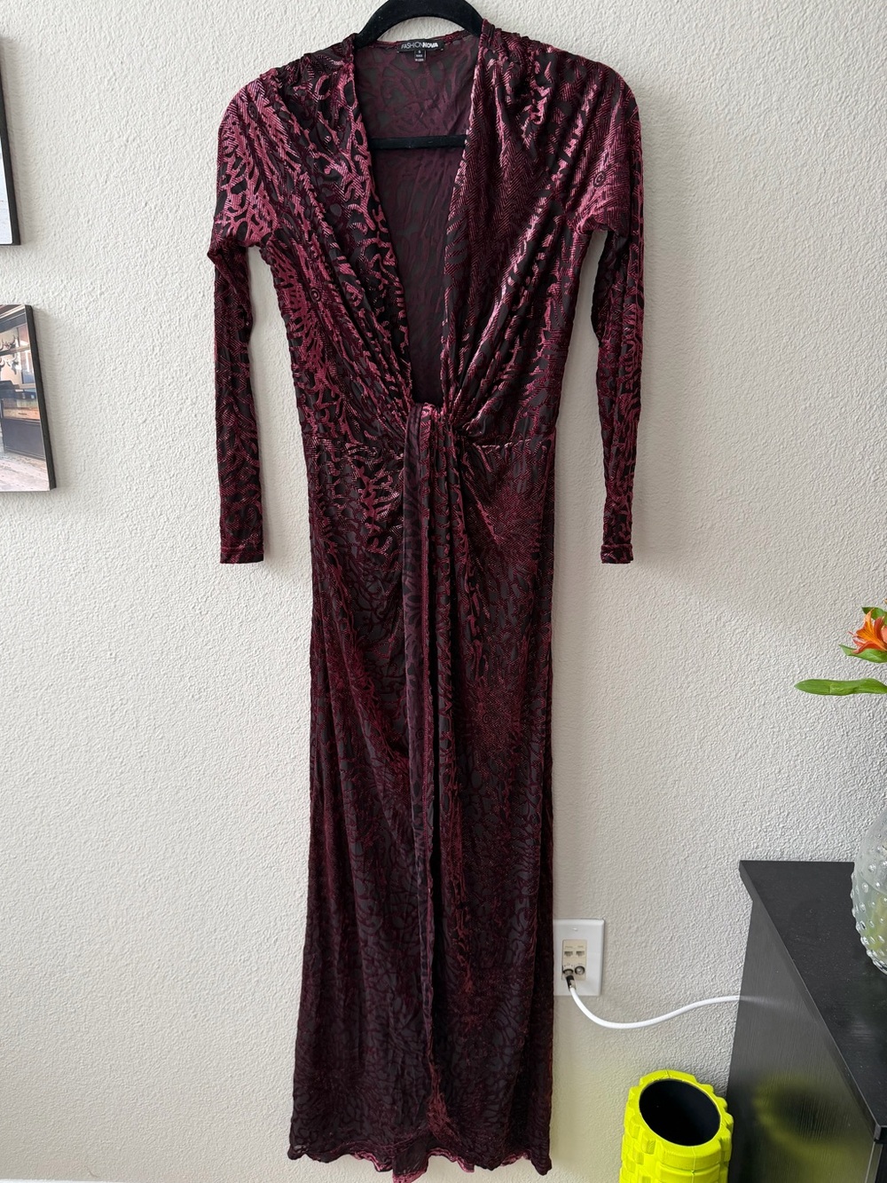 Fashion Nova Deep Burgundy Crushed Velvet Long Sleeve Maxi Dress